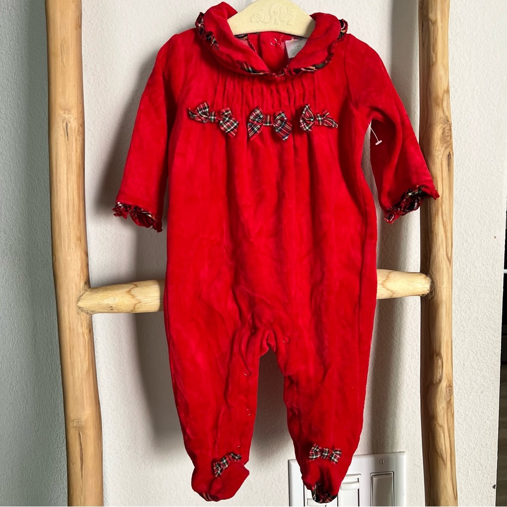 Nursery Rhyme Red Plaid Bow Kids Footie
